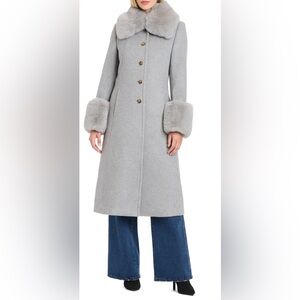 Vince Camuto Single Breasted Coat with Removable Faux Fur Collar & Cuffs New M